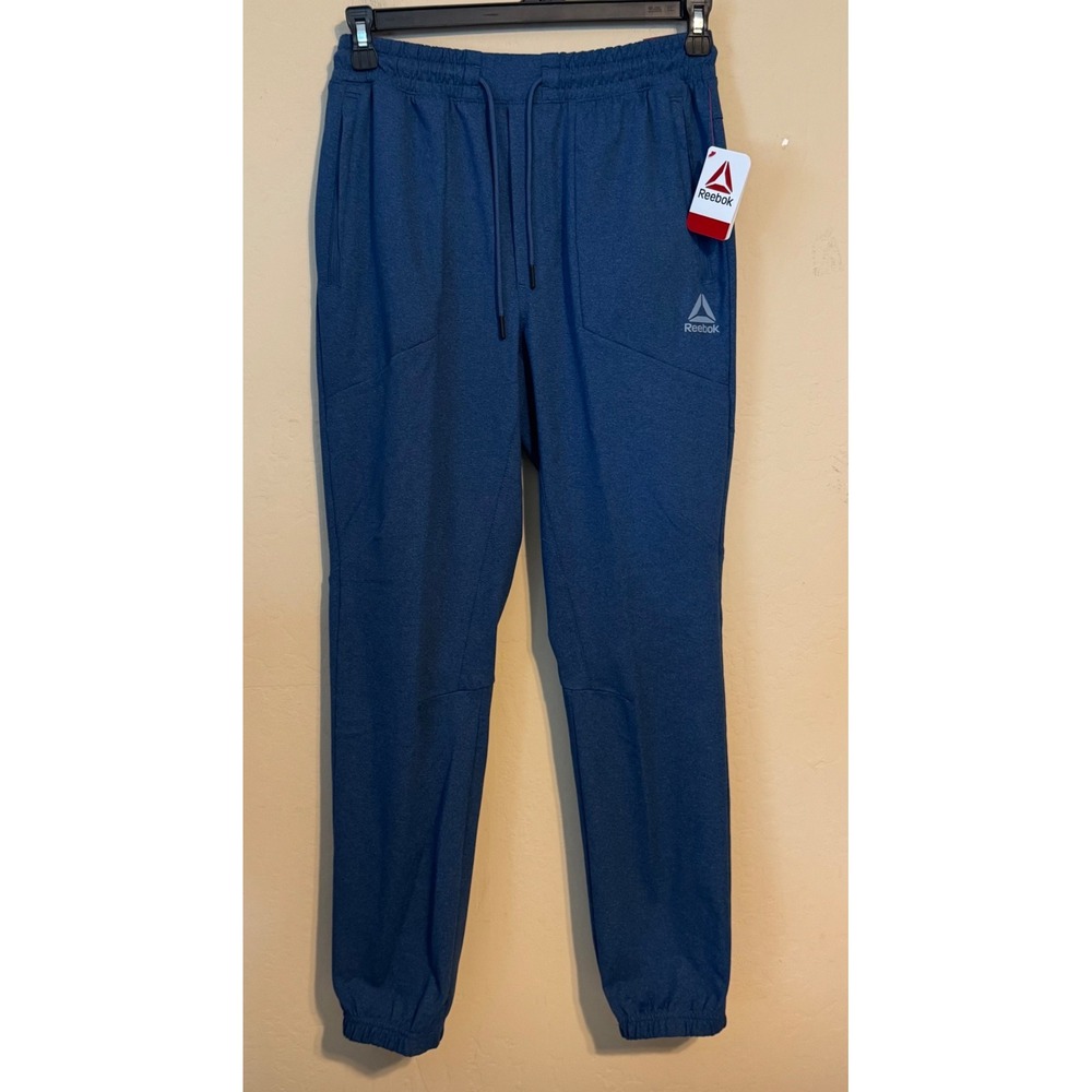 Reebok Joggers Men Small Slim Blue Athletic‎ Heathered Tapered Zip Pockets NEW